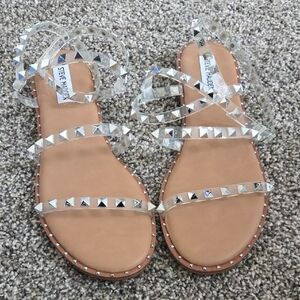 Steve Madden Clear Pyramid-Stud Strappy Sandals with Tan Footbed